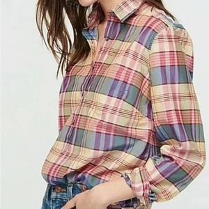 J. Crew Classic Lightweight Popover Long Sleeve Plaid Top Cotton Silk M